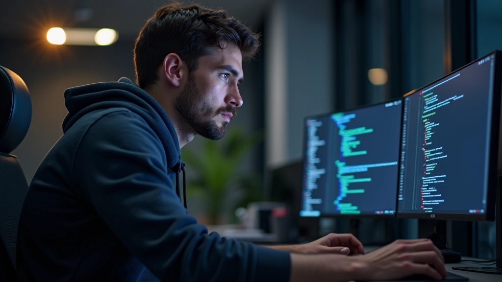 Game developer at workstation with code editor displaying game development