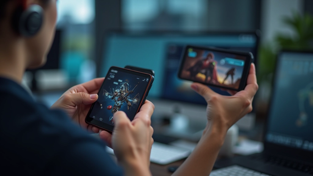 Developer testing mobile game on various smartphones of different sizes and screen ratios
