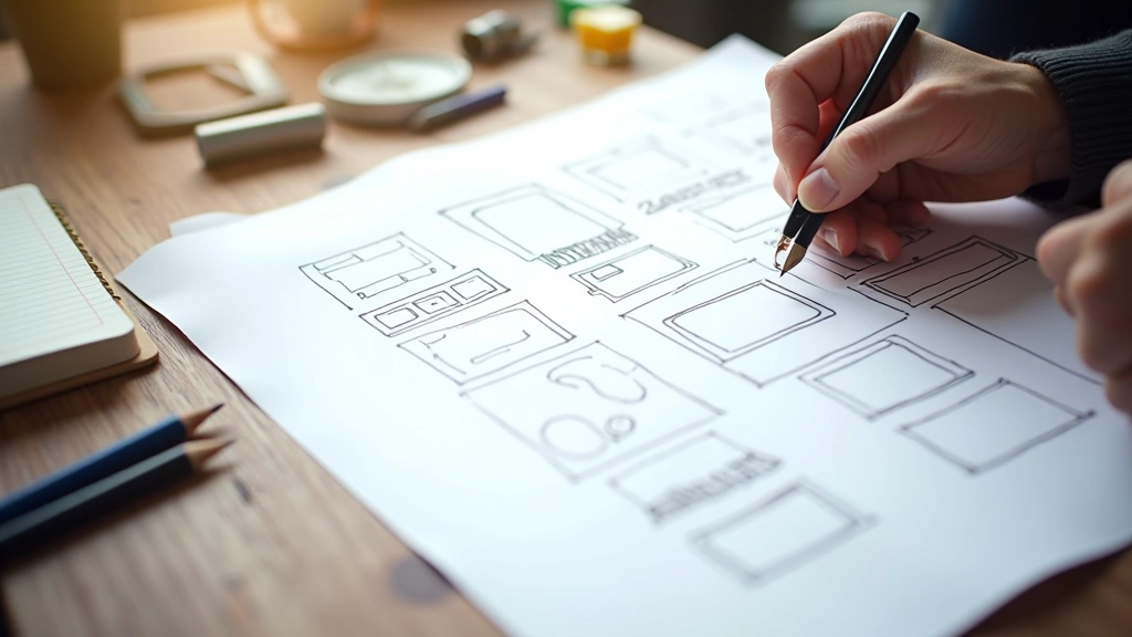 Game design sketches and wireframes showing mobile UI layout and touch controls