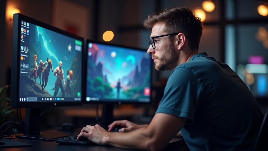 Game developer at workstation with dual monitors displaying game development environment and 3D assets