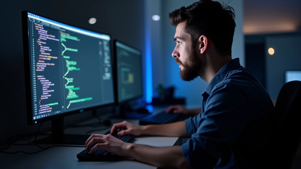 Developer working with shader editor and GPU optimization tools on multi-monitor setup