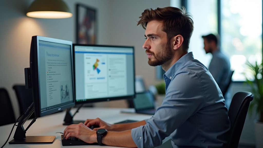 Developer sitting at desk reviewing app store submission checklist and guidelines on dual monitors
